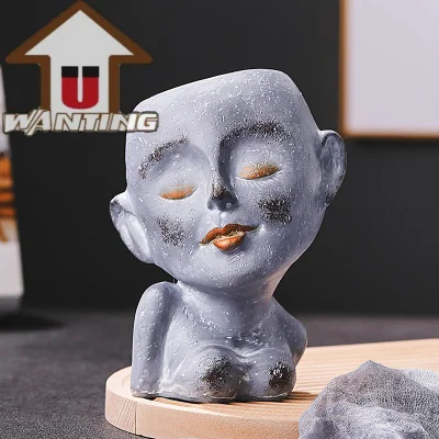 Home Decor Imitation Cement Human Head Flower Vase Desktop Pot Plant Container